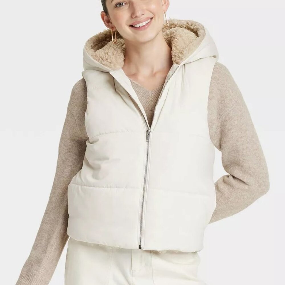Universal Thread Faux Fur Puffer Vest NWT Teddy Cream - Picture 1 of 11